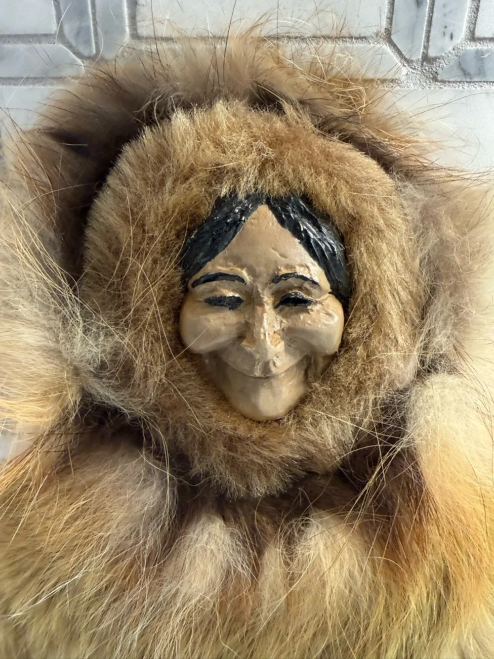 Camai Vintage, Alaska Doll Fur Eskimo Doll with Wooden Face - Green/Brown